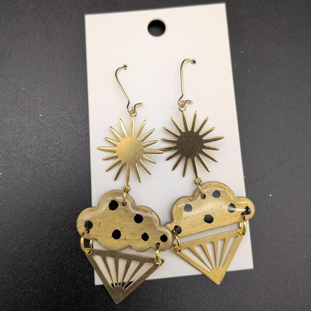 Handmade funky lightweight polymer clay gold tone sun and rain cloud dangle earr